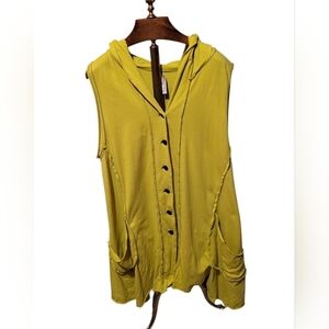 Cynthia Ashby Chartreuse Hooded Lagenlook Vest Tunic Cotton Pockets Size XL